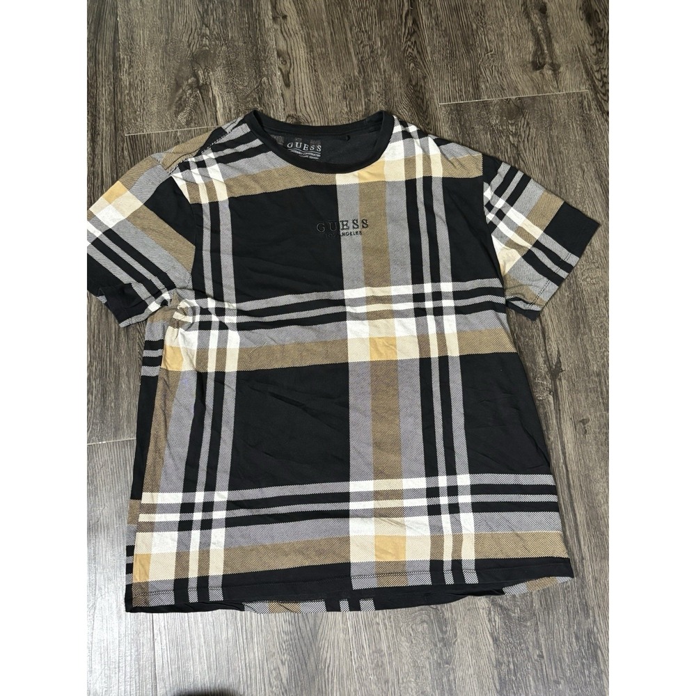 GUESS Plaid Logo Men's T-Shirt XL Brown Black White Short Sleeve Embroidered Med